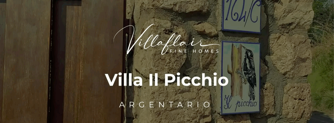 Stone wall with wooden gate, signs for Villa Il Picchio, Porto Santo Stefano, Argentaroo.